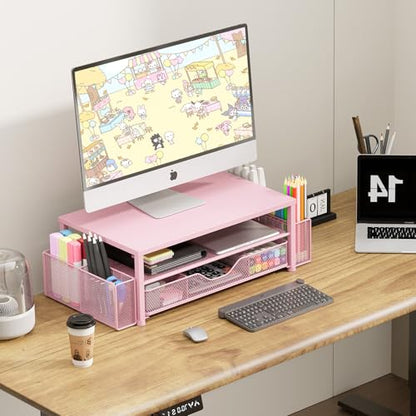 Desk Organizer and Accessories, 2-Tier Computer Monitor Stand Riser with Drawer and 2 Pen Holders, Laptop Stand, Office Desk Accessories for Office Supplies, 1 Pack, Pink