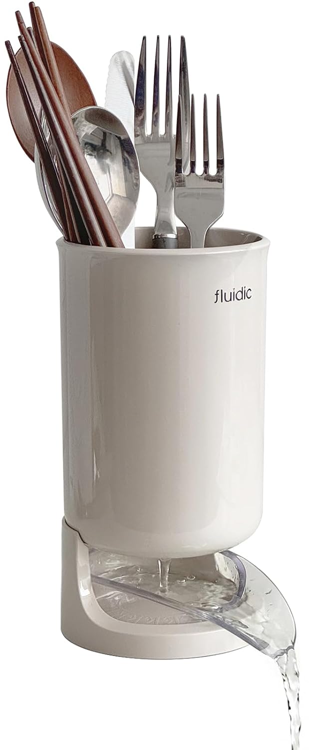 Self-Draining Utensil Drying Holder - Beige | Small Utensil Cutlery Flatware Silverware Holder Drainer Cup for Kitchen Counter