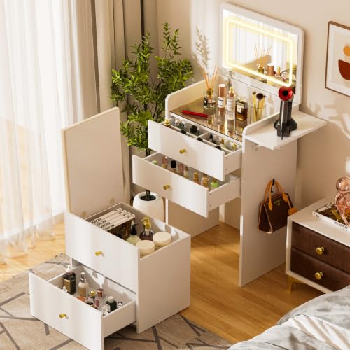 COMHOMA Makeup Vanity Desk with Mirror and Lights, Small 3 in 1 Vanity Table with Visible Glass Top, Flip Top & 3 Drawers, Compact Dressing with Storage Stool for Room or Office