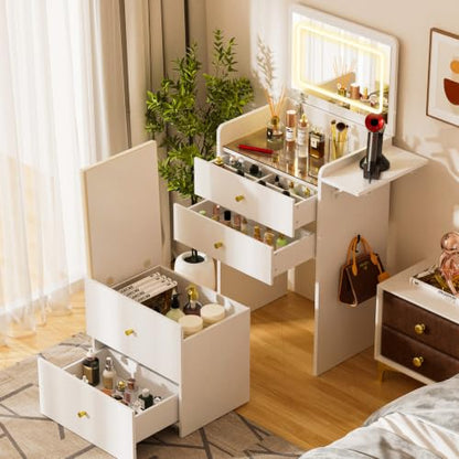 COMHOMA Makeup Vanity Desk with Mirror and Lights, Small 3 in 1 Vanity Table with Visible Glass Top, Flip Top & 3 Drawers, Compact Dressing with Storage Stool for Room or Office
