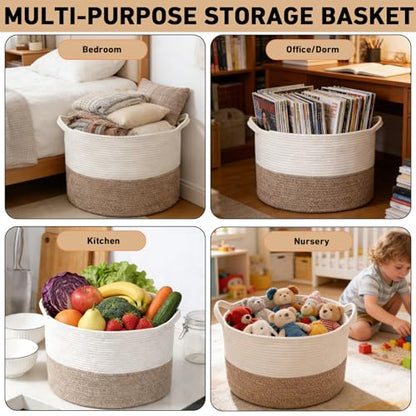 Large Woven Blanket Basket,65L Cotton Rope Laundry Basket | Collapsible Nursery Storage Bin with Sturdy Handles for Clothes, Toys, Pillows, Living Room Bedroom Bathroom - White & Brown
