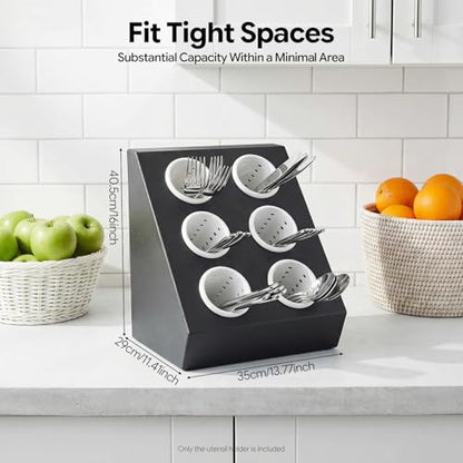 6-Compartment Plastic Utensil Holder，Flatware Cyli... (Black, White)