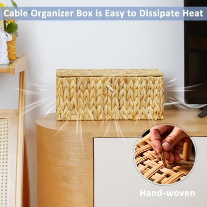 efluky 2 Pack Water Hyacinth Floor Cord Covers with Lid, Hand-woven Cable Management Box, 2 Open Slots Cord Box to to Hide USB Wire, Power Strip & Charger for Home & Office and Dorm, Natural