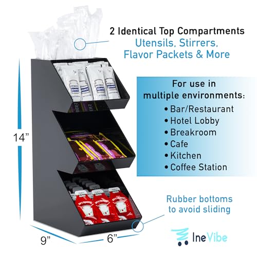 Inevibe Condiment Holder Station and Organizer, 3 Tier Compartments | Black Acrylic Caddy Storage Rack for Condiments, Sauce Packets, and Coffee Stand Display in Bar, Restaurant, Cafe, Home