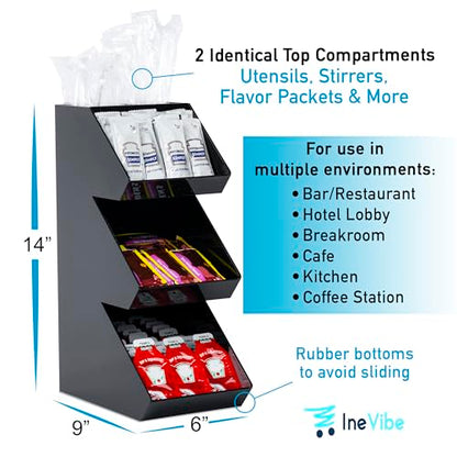 Inevibe Condiment Holder Station and Organizer, 3 Tier Compartments | Black Acrylic Caddy Storage Rack for Condiments, Sauce Packets, and Coffee Stand Display in Bar, Restaurant, Cafe, Home