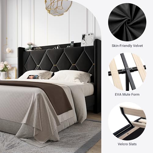 Allewie Velvet Queen Upholstered Bed Frame with Wingback Storage Headboard & Charging Station, Platform Bed with Diamond Tufted Design & Gold Trim, No Box Spring Needed, Easy Assembly, Black