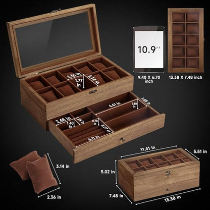 Watch Box with 10 Slots, 2-Tier Watch Case for Large Dial Watches, Watch Display Case with Lid, Removable Watch Pillows, Gifts for Men Women, Watch Organizer with Drawer, Jewelry Box, Walnut