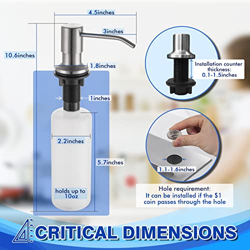Built in Soap Dispenser for Kitchen Sink WEWE, Stainless Steel | Brushed Nickel in Counter soap Dispenser, Refill from The Top, 10oz Large Liquid Bottle