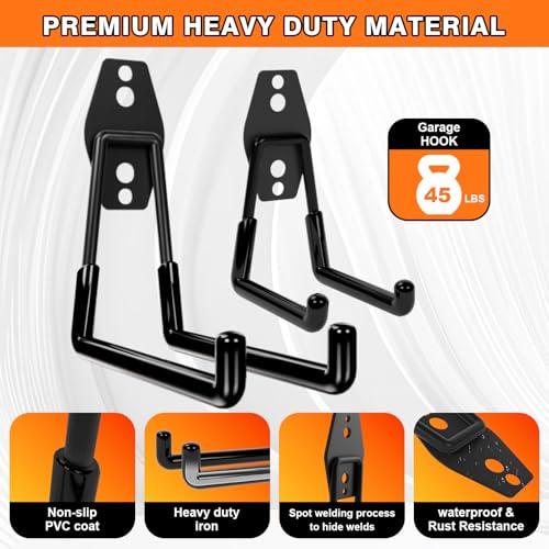 Heavy Duty Wall Garage Hooks, Steel Anti-Slip Utility Hooks Storage Organization Hangers for Ladders, Bikes, Hose, Garden Tools, Coats, Bags with Mounting Hardware Kit (Black, 12 Pack)