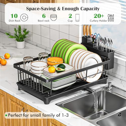 Kmiectse Dish Drying Rack for Small Kitchen Counter with Utensil Holder | Space Saving, Rust Resistant, Quick Drainage Dish Rack, Compact Dish Drainer Organizer for Home Kitchen, Black