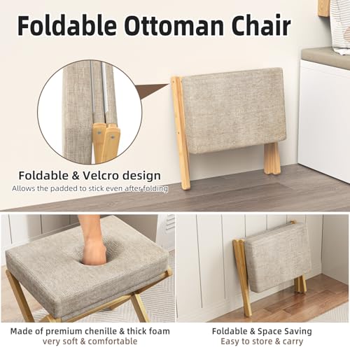 Foldable Foot Stool Ottoman, Modern Foot Rest with Bamboo X Legs & Thick Foam Cushion, Folding Foot Stools Small Padded for Bedroom Living Room, Footstool for Chair Couch (Natural - Brown)