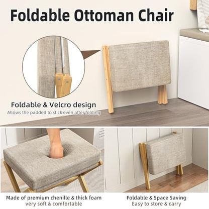 Foldable Foot Stool Ottoman, Modern Foot Rest with Bamboo X Legs & Thick Foam Cushion, Folding Foot Stools Small Padded for Bedroom Living Room, Footstool for Chair Couch (Natural - Brown)