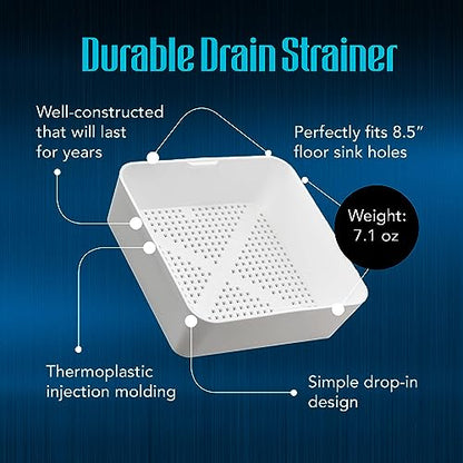 8.5-inch Floor Sink Drain Cover Alternative, Square Drain Basket for Restaurants, Use Below 3 Compartment Sink. Sink Strainer with 0.19-inch Holes, Versatile Plastic Drain Screen Basket