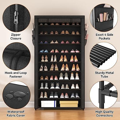ROJASOP 10 Tier Shoe Rack with Covers,Large Capacity Stackable Tall Shoe Shelf Storage to 50-55 Pairs Shoes and Boots Sturdy Metal Free Standing Shoe Rack Organizer for Closet Entryway Garage