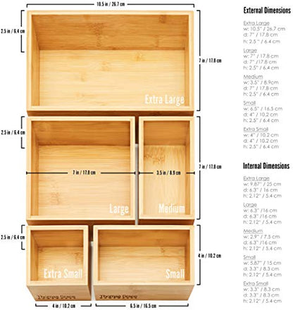 Bamboo Drawer Organizer and Storage Set, Multi-use Set of 5 Storage Trays, Wood Boxes of various sizes for Office Desk or homework, Kitchen, Bathroom Jewelry, Cosmetic Make up, Baby Bedroom, Junk.
