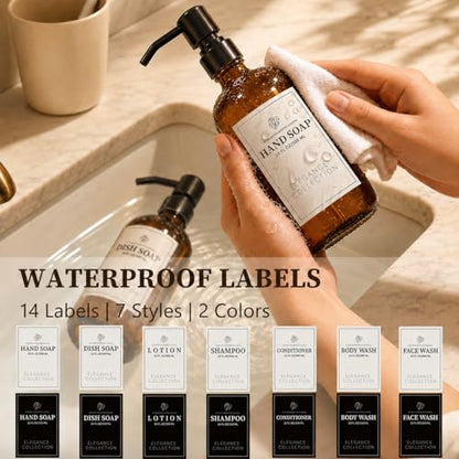 Fachixy Amber Glass Soap Dispenser 2 Pack, 16 Fl Oz, 14 Waterproof Labels | Leak-Resistant Stainless Steel Pump, Non-Slip Pad, Hand & Dish Soap Dispenser Bottles Set for Kitchen and Bathroom