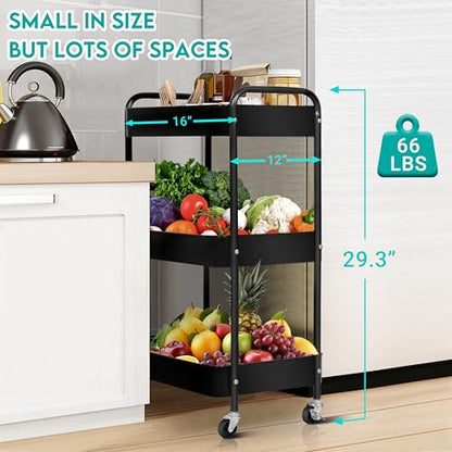 ZOES HOMEWARE 3 Tier Metal Rolling Cart on Wheels,Heavy Duty Utility Cart | Sturdy 3 Tiered Rolling Storage Cart With Hooks, Great For Craft, Art Workspace, Kitchen ,Snack And Office Storage, Black