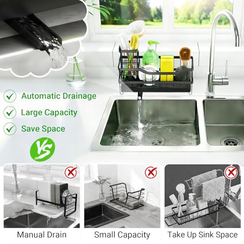 Sponge Holder for Kitchen Sink, Self-Draining Sink Caddy Organizer with Removable Brush Holder, Rustproof Metal Sponge Rack for Countertop, Fits Soap Dispenser & Scrubber, Black