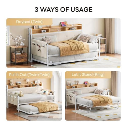 LIKIMIO Daybed with Trundle, Twin Bed Frame,White