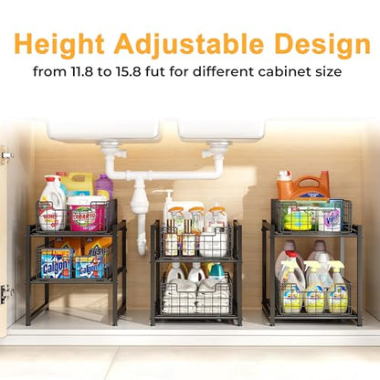 Under Sink Organizer, 2-Tier Pull Out Cabinet Organizer, Kitchen Bathroom Organizer and Storage, Spice Rack for Kitchen, Multi-use Sliding Drawers Shelves (1, Black)