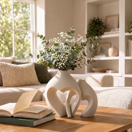 White Ceramic Flower Vase Home Table Decor Heart Shaped Vase Set of 2 | Boho Heart Shaped Minimalist Decorative Vases for coffee Table Centerpiece Wedding Dining Living Room Office House Decoration