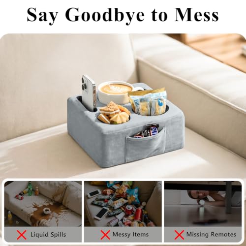 Luxspire Couch Cup Holder, Couch Caddy, 4 Holes, Gray | Couch Cup Holder Pillow Side Pocket and Handle, Couch Caddy Pillow for Phone/Drinks/Remote Control/Snacks