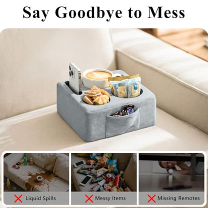 Luxspire Couch Cup Holder, Couch Caddy, 4 Holes, Gray | Couch Cup Holder Pillow Side Pocket and Handle, Couch Caddy Pillow for Phone/Drinks/Remote Control/Snacks