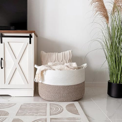 INDRESSME XXXLarge Woven Rope Blanket Basket Living Room Brown, 90L | 21.7" x 13.8" Storage baskets for toys laundry & pillows. Fits living room, bedroom or nursery décor. Soft-touch with handles