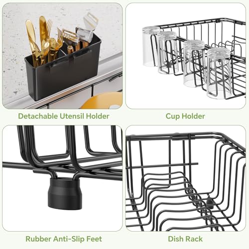 Simple Trending Expandable Dish Drying Rack in Sink, Black | Adjustable Dish Rack with Utensil & Cup Holder for Kitchen Counter, Dish Drainer Inside Sink, Over the Sink, Non-Slip Feet