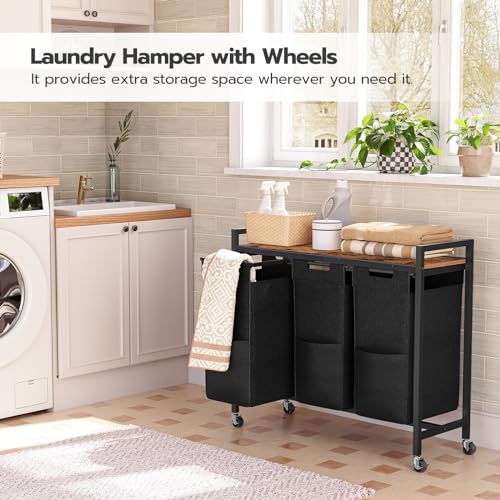 HOOBRO Laundry Sorter 3 Section, Laundry Hamper with Wheels, 3 × 11.5 Gal (43.5 L), Rolling Laundry Basket, Pull-Out and Removable Oxford Fabric Laundry Bags, Rustic Brown and Black BF76XY01