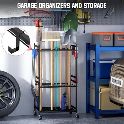 Garden Organizer With Wheels, Yard Tower Rack for Garage Storage, Up to 35 Long-Handled Tools, Sturdy Metal Steel Holder With 3 Hooks, Outdoor, Black