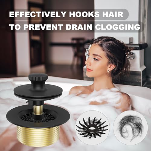 Bathtub Drain Stopper Tub Trim Set with Two-Hole Overflow Faceplate | 11.5/16 UNC Tub Drain Hair Catcher, Premium Brass Lift and Turn Twist Tub Drains Replacement Trim Kit, Matte Black