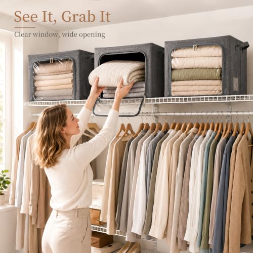 GoMaihe Clothes Storage Bins with Metal Frame for Sweaters, 40L 3-Pack Grey | Seasonal Clothes Hoodies Jeans, Closet Top Shelf Linen Closet Organizer, 3 Side Access Stackable Collapse-Proof, Clear Window