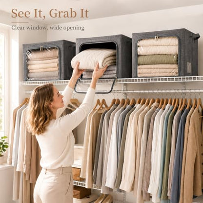 GoMaihe Clothes Storage Bins with Metal Frame for Sweaters, 40L 3-Pack Grey | Seasonal Clothes Hoodies Jeans, Closet Top Shelf Linen Closet Organizer, 3 Side Access Stackable Collapse-Proof, Clear Window
