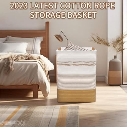 Large Laundry Hamper Basket, 85L Cotton Rope Woven Storage Bin for Blankets, Dirty Clothes Toys, Decorative Tall Basket with Leather Handles for Living Room, Bedroom, Bathroom, Nursery, Jute