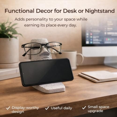 Glasses Holder for Nightstand, Funny Moai Glasses Stand and Phone Holder