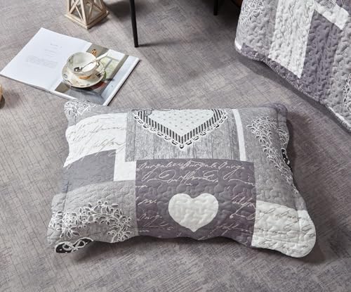 Brilliant Sunshine Grey Heartlove Pillowshams Set, 20"x26"+2" | Patchwork Design, Quilted Standard Pillowcases, Washable Scallop Edge Pillow Covers, Pack of 2
