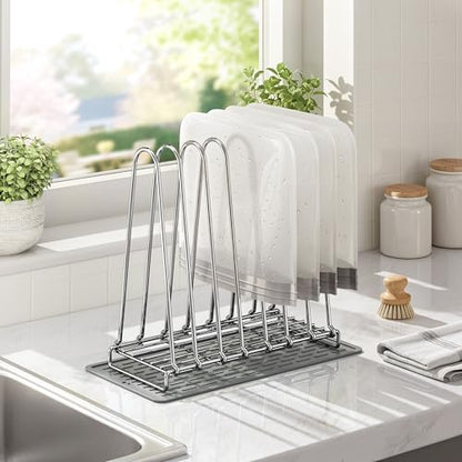 Reusable Bag Dry Rack, 304 Stainless Steel Plastic Bag Dry Rack with Silicone Drying Mat, Easy to Disassemble Bag Dryer Rack for Reusable Bags, Ziplock Bags, Silicone Bags, Space Saving Drying Stand