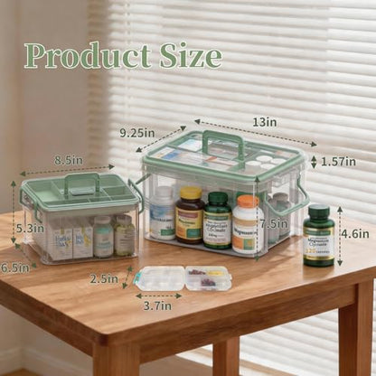 2-Pack Clear Medicine Storage Box Set with Pill Organizer | Portable Stackable with Built-in Handle, Clear View, Divided Tray, Plastic Medicine Cabinet Organizer for Home, Dorm, Travel