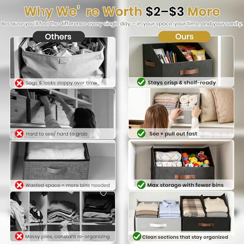 Closet Organizers And Storage - UPGRADED Trapezoid Storage Bin With Leather Handles & Adjustable Dividers, Fabric Collapsible Storage Bins For Clothes Storage & Shelf Organizer (3pcs, Small, Ivory)