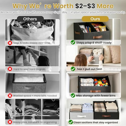 Closet Organizers And Storage - UPGRADED Trapezoid Storage Bin With Leather Handles & Adjustable Dividers, Fabric Collapsible Storage Bins For Clothes Storage & Shelf Organizer (3pcs, Small, Ivory)