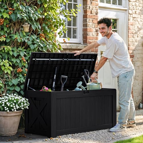 Greesum 120 Gallon Deck Box, Resin Outdoor Storage Container, Black | for Patio Furniture, Garden Tools, Pool Accessories, Weatherproof, Lockable