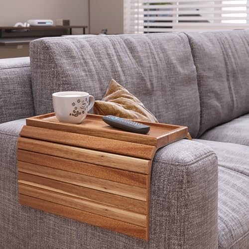 Acacia Wood Folding Sofa Arm Tray with Anti-Slip Pad | Couch Armrest Tray,Foldable,for Drinks,Snacks,Phone,Remote Control,Space Saving Storage, No Assembly,Gift box