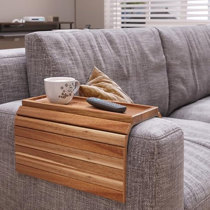 Acacia Wood Folding Sofa Arm Tray with Anti-Slip Pad | Couch Armrest Tray,Foldable,for Drinks,Snacks,Phone,Remote Control,Space Saving Storage, No Assembly,Gift box
