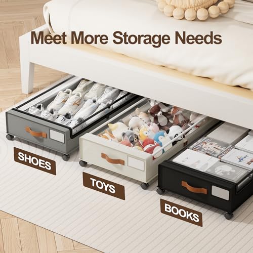 LAMU Under Bed Storage with Wheels, 4Pack Underbed Storage Containers,Black | Smooth-rolling Wheels, Clear Lid & Label, Sturdy Metal Frame, Easy Install, Rolling Storage Drawers for Clothes, Shoes, Toys