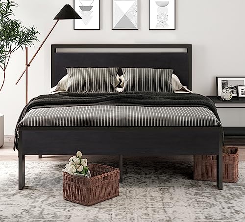 SHA CERLIN Full Size Bed Frame, Wooden Headboard and Footboard, Black Oak | Rounded Corners, 12 Metal Slats, Noise-Free Design, 12-Inch Storage, No Box Spring, 40-Minute Assembly