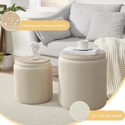 Round Ottoman with Storage Set of 2, Storage Vanity Stool | Velvet Upholstered Round Storage Ottoman, Ottoman Coffee Table, Small Foot Stool for Living Room & Bedroom, Beige