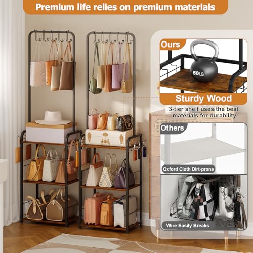 Floor-Standing Purse Organizer for Closet, Tall Handbag Storage Rack | 3-Tier Storage: Five top hangers and six side hooks hold bags and accessories; 15.35-inch width fits closets and corners.