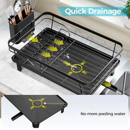 Urakify Dish Drying Rack for Kitchen Counter, 16.5" L x 12.2" W, Black | Large Dish Drainer with Cutlery Holder, Sink Dish Rack with Drainboard for plate dish silverware, Space Saving
