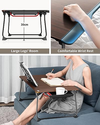 SAIJI Laptop Desk for Bed, XX-Large Foldable Bed Tray Table, 25.6" x 19.3" | Laptop Table for Eating Breakfast, Writing Working Gaming Drawing with Storage Drawer, Bookstand, Tablet Stand, Black Cherry